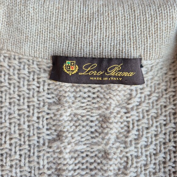 Loro Piana Made in Italy 100% Cashmere Cable Grid Knit Collar Cardigan Beige - Picture 9 of 15